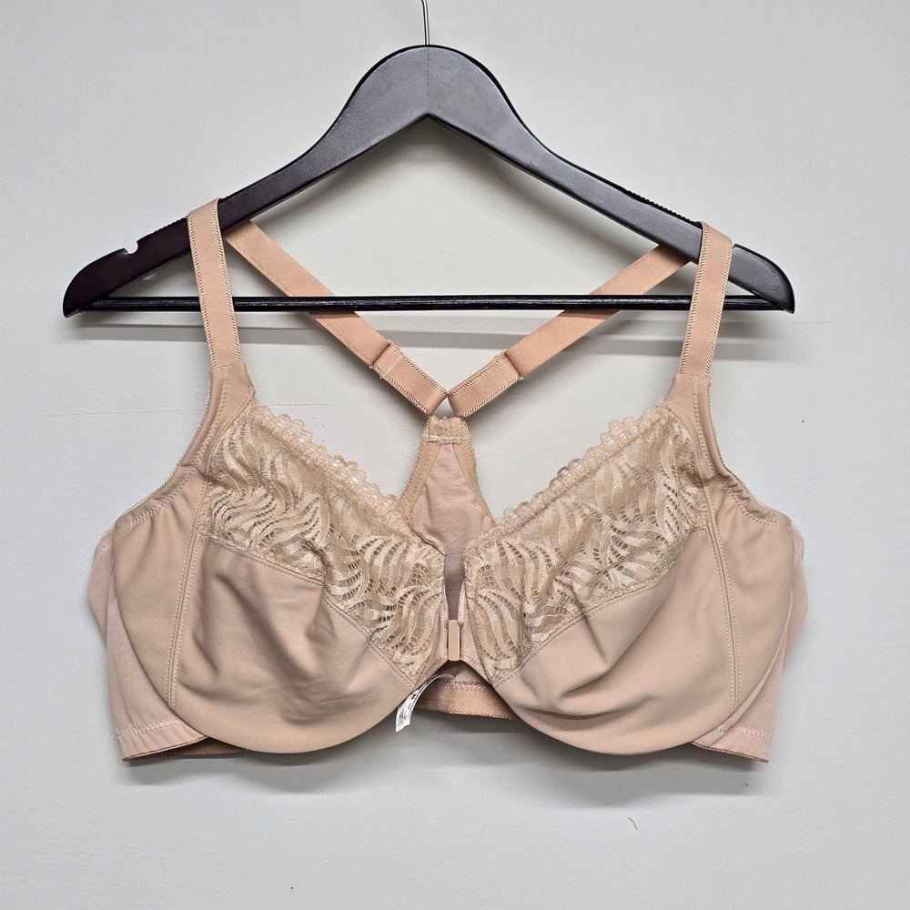 Glamorise Front Closure T-Back Bra Women 46C Beige Nylon Blend Lace Racerback